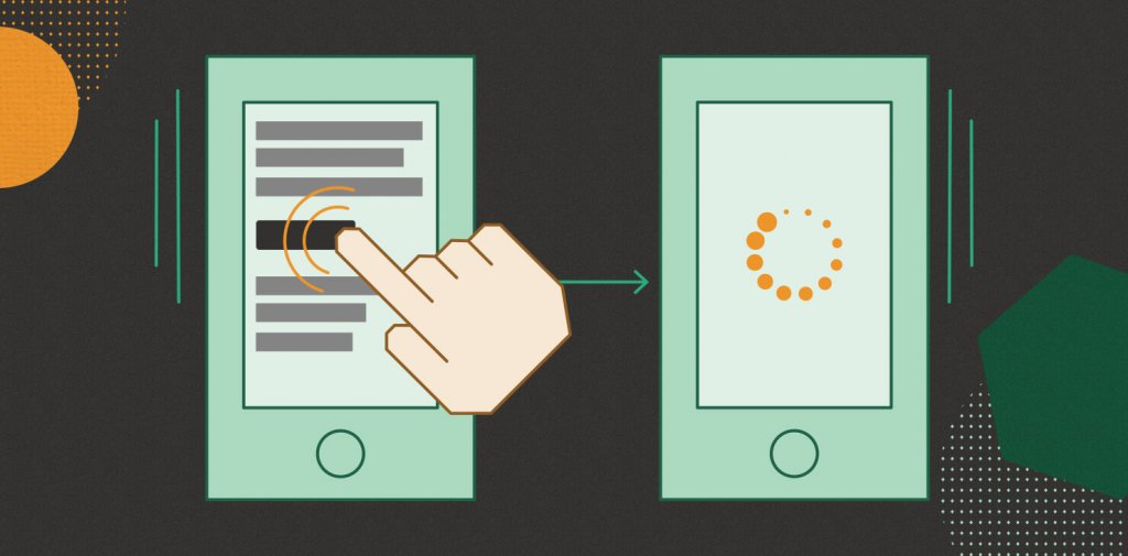 Illustration of First Input Delay - a person clicking on a mobile device and waiting