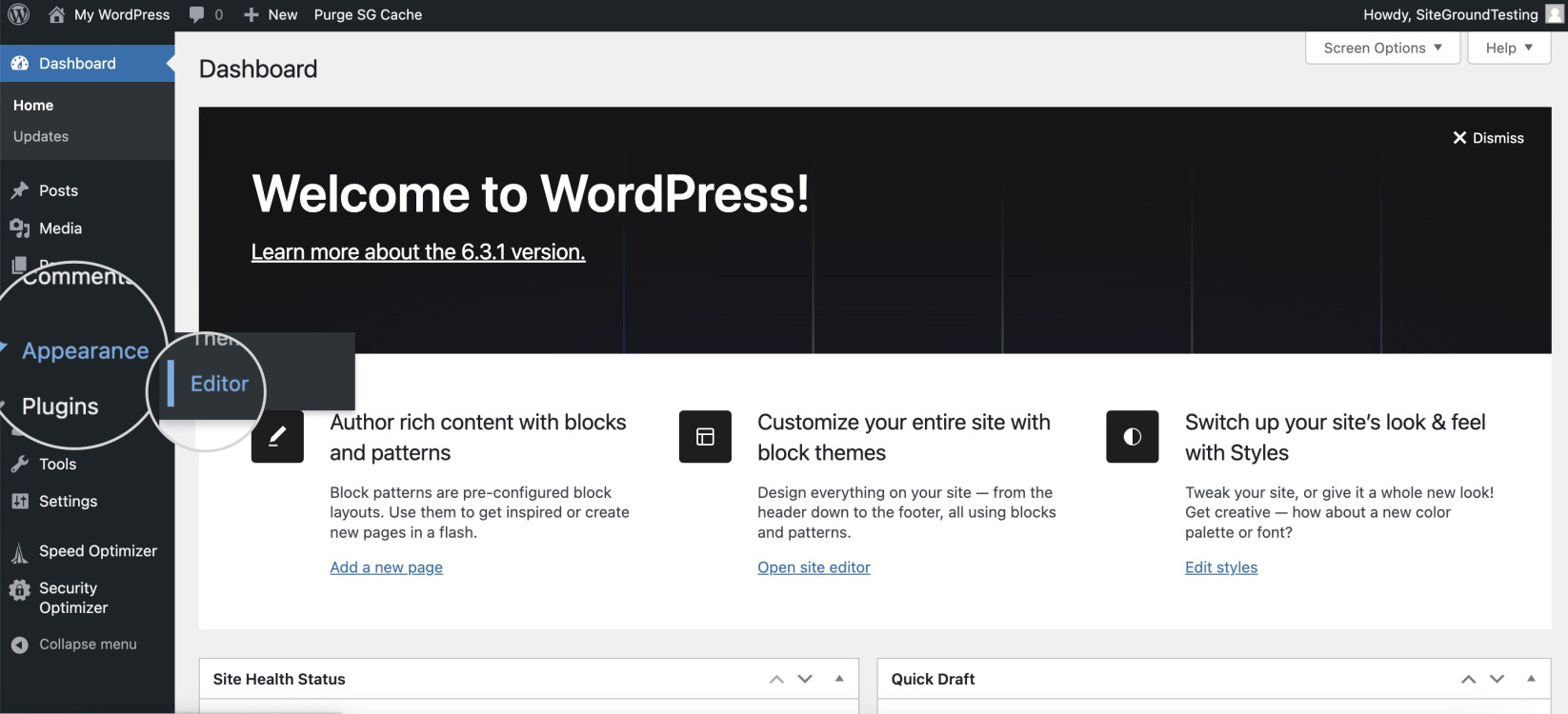 Screenshot showing how to access the WordPress Site Editor