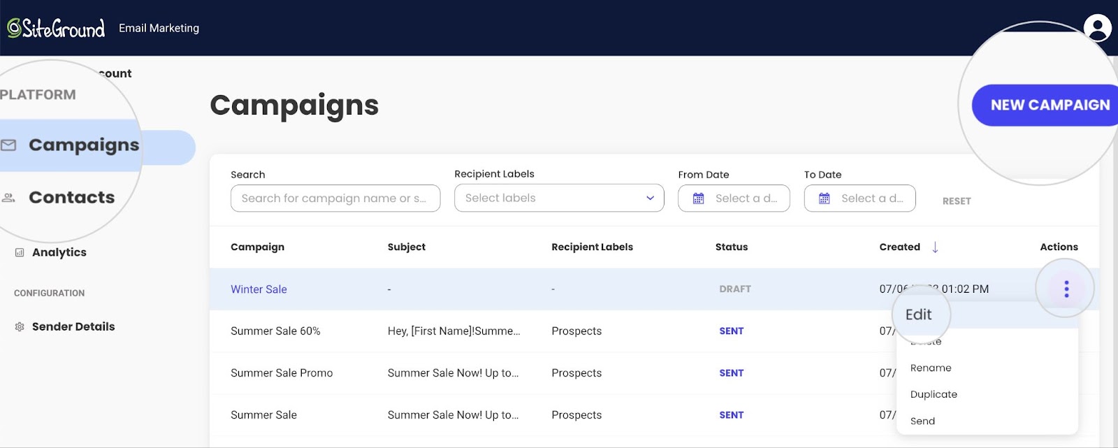 Screenshot showing how to edit an existing draft in SiteGround Email Marketing