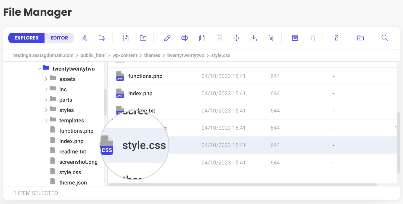 Screenshot showing how to access the style.css file of your theme via File Manager