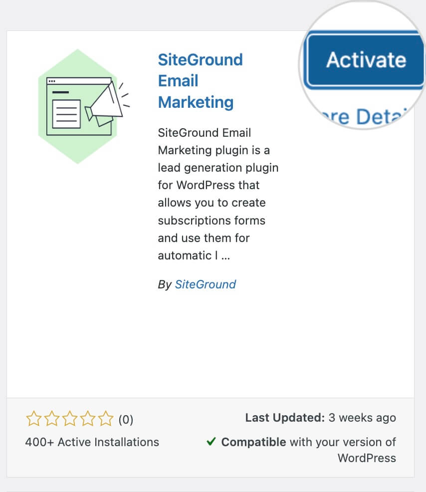 "Activate" button for the Email Marketing plugin