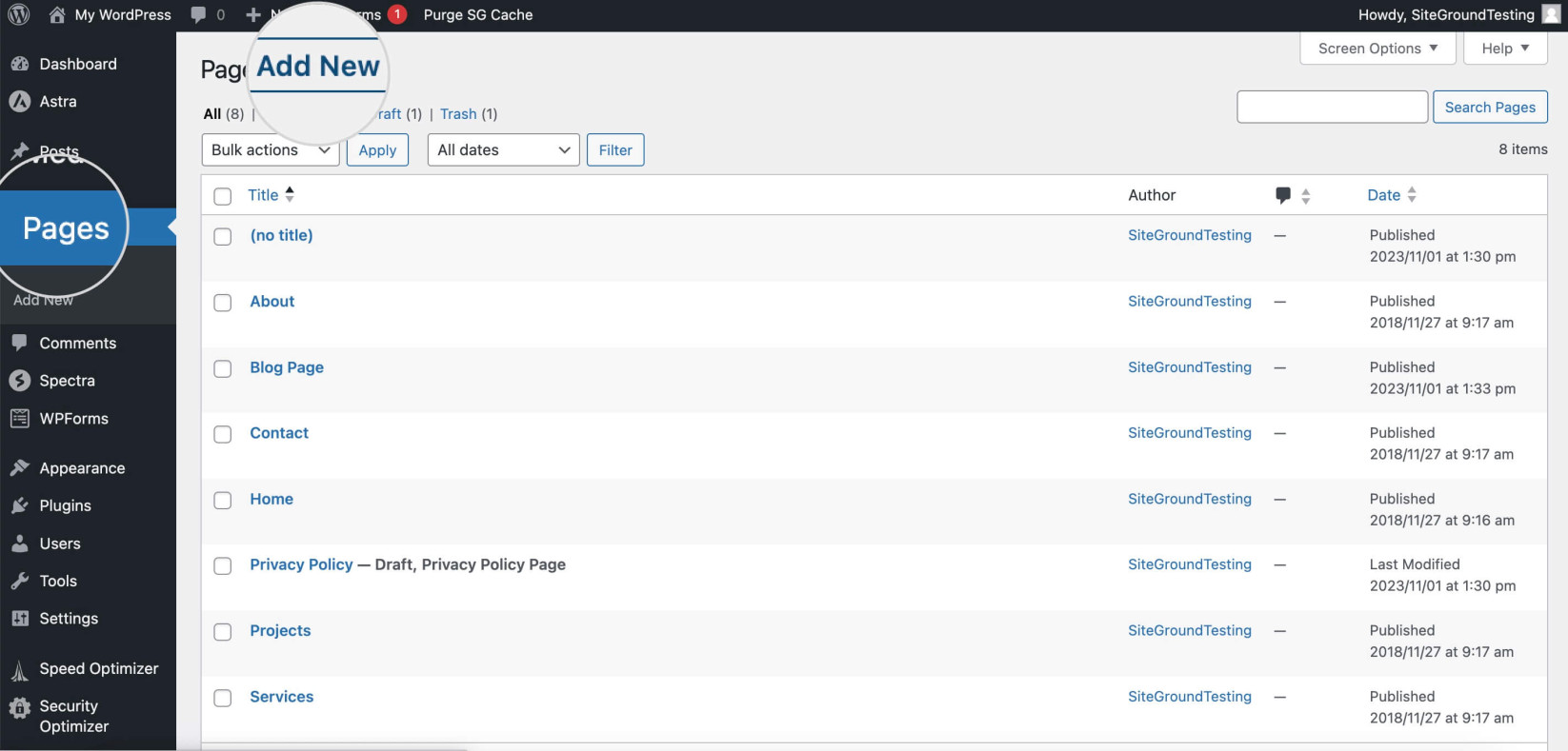 Screenshot showing how to add a new Page in WordPress