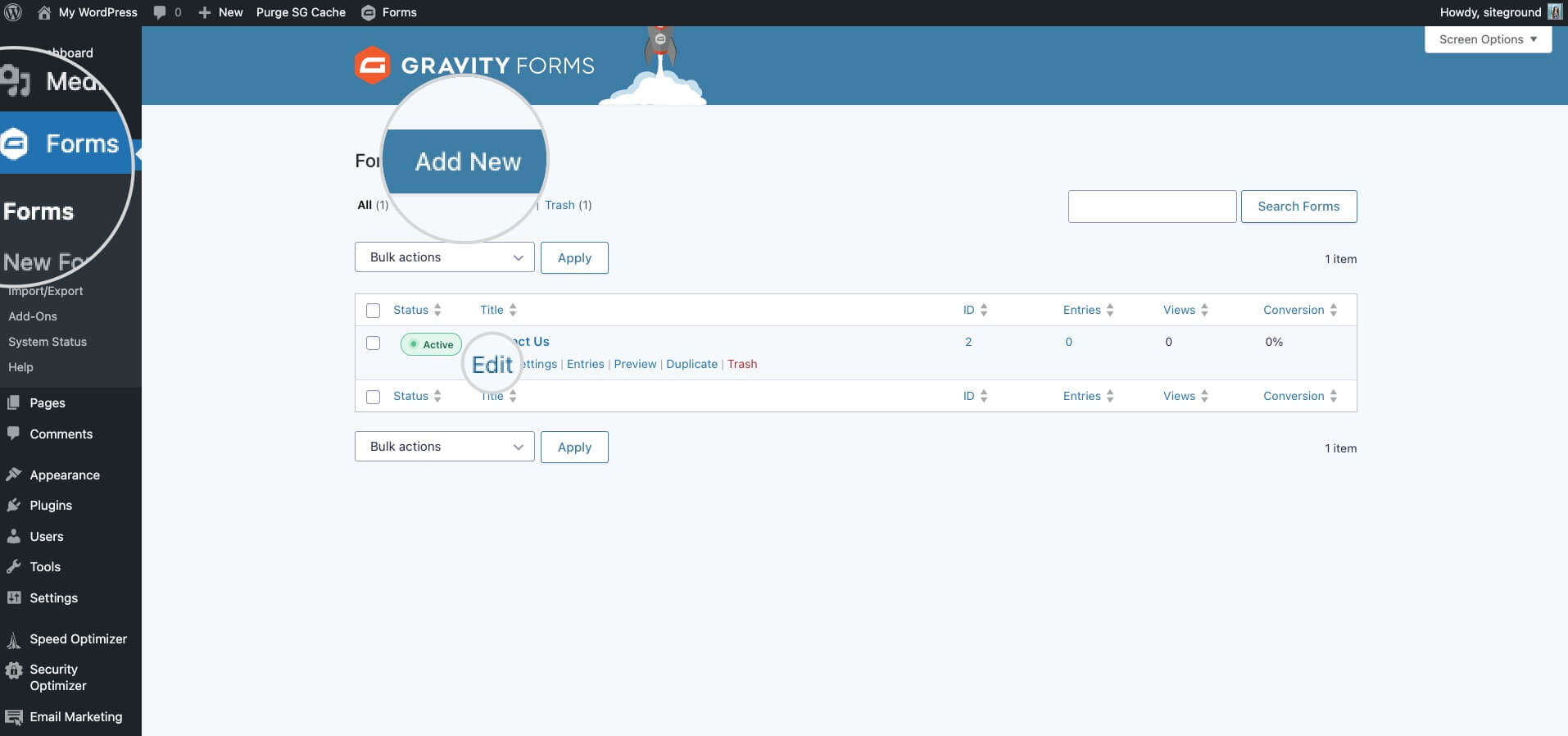 Screenshot depicting the interface for adding or editing Gravity Forms for optimal lead generation.