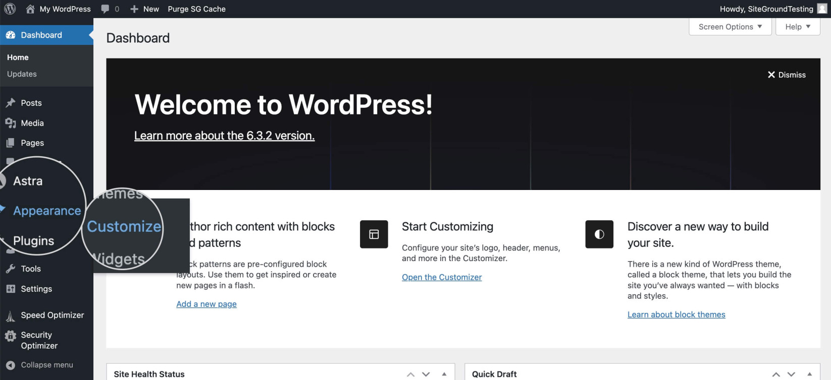 Screenshot showing where to find the Appearance Customize option in WordPress to customize your theme