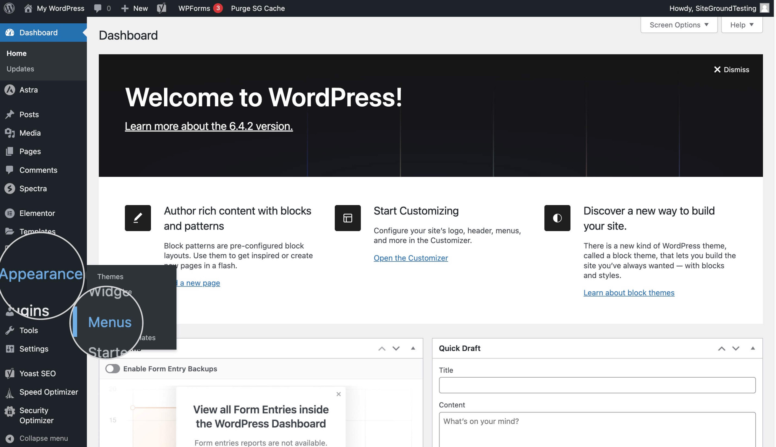 Screenshot showing the Appearance Menu option in the WordPress Dashboard