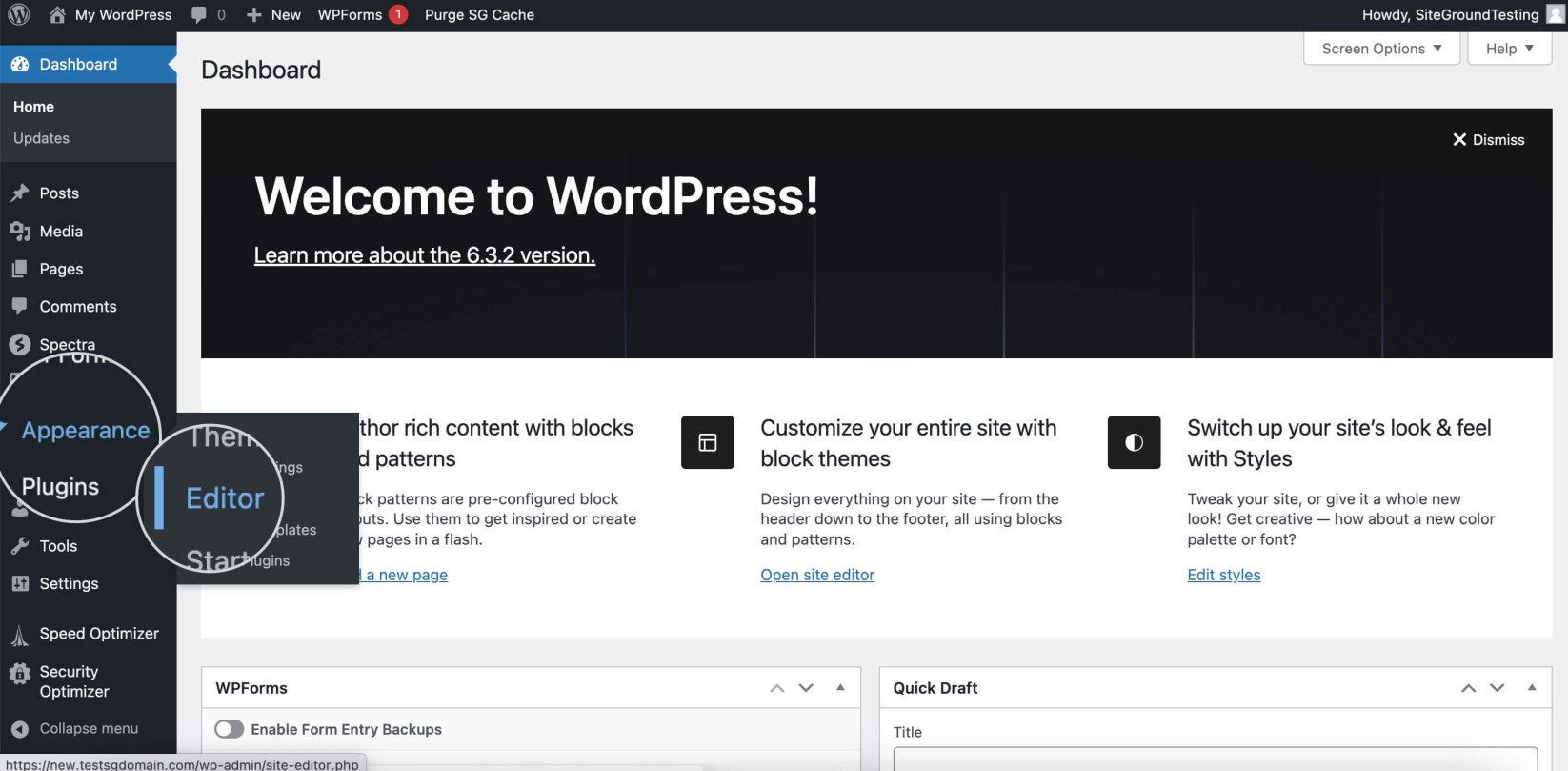 Screenshot showing the Appearance Site Editor button in WordPress