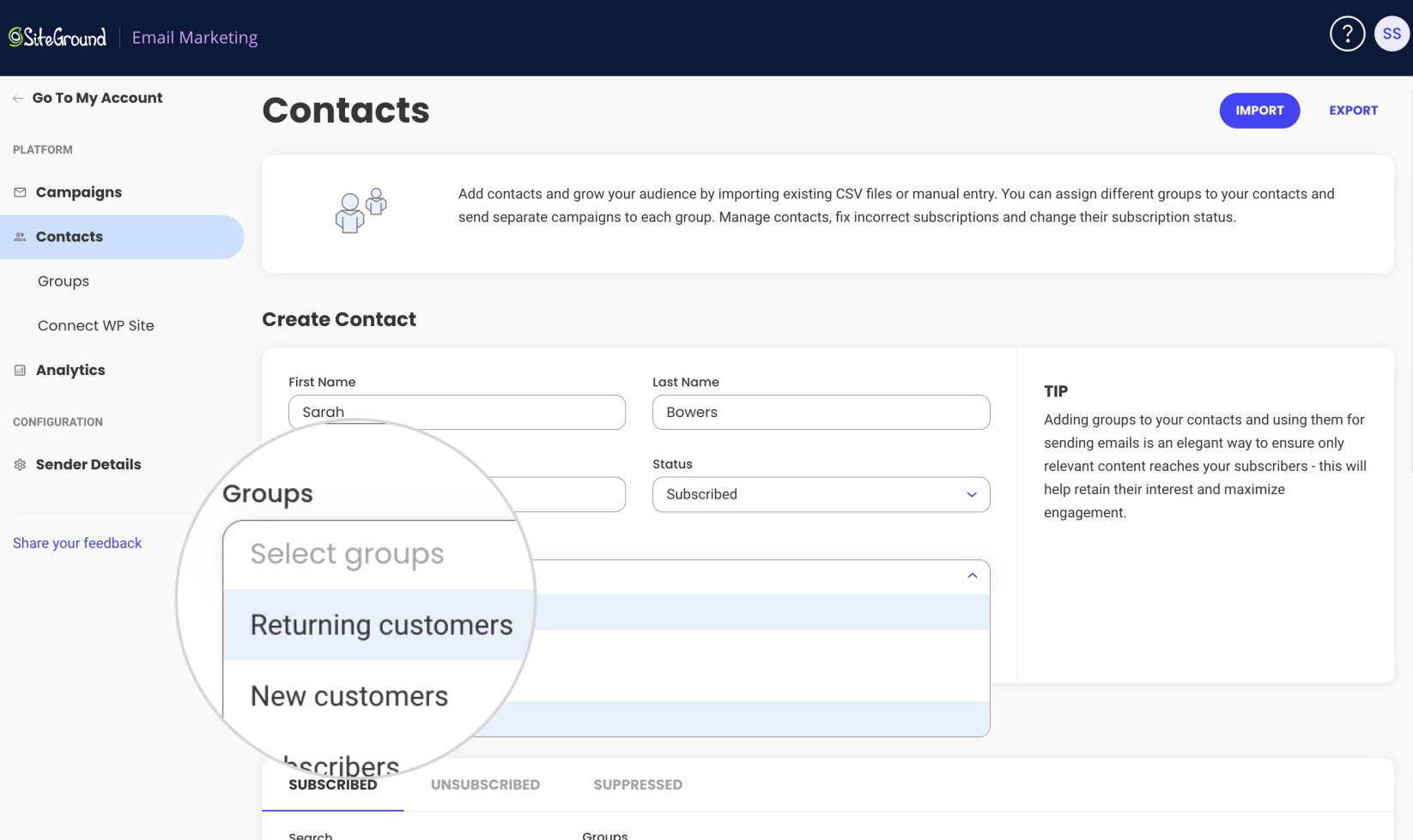 How to create a new contact and assign groups to it