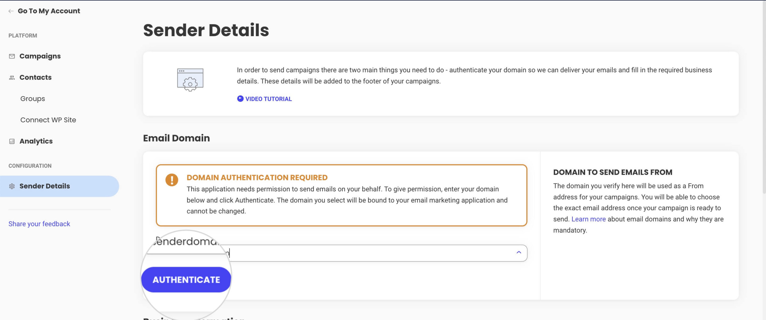 Confirming a sender domain in SiteGround Email Marketing by pressing the Authenticate button