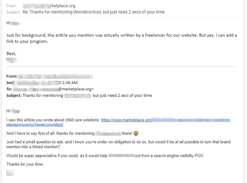 Email template screenshot showcasing a polite request to turn a brand mention into a backlink