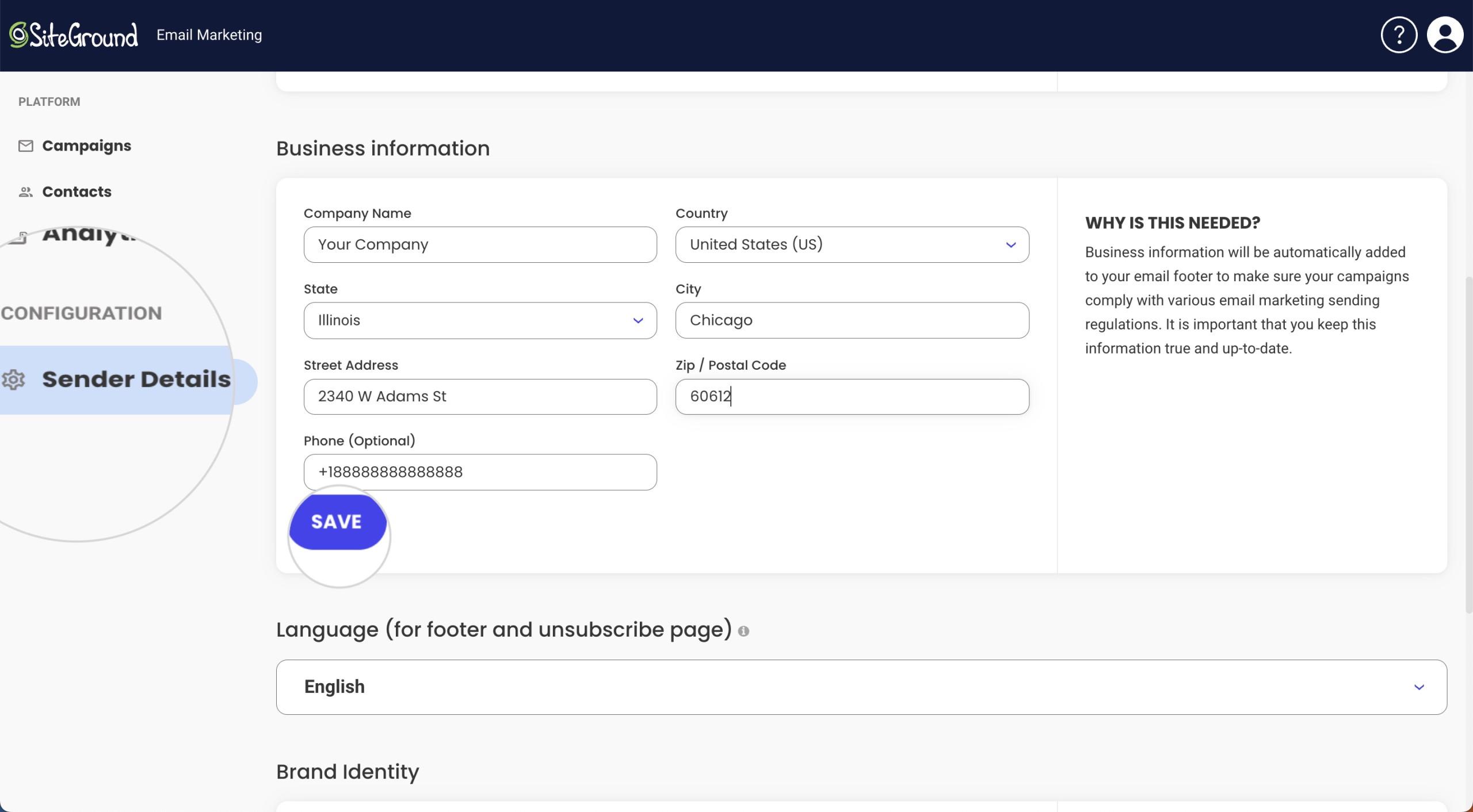 Business Information section in SiteGround Email Marketing