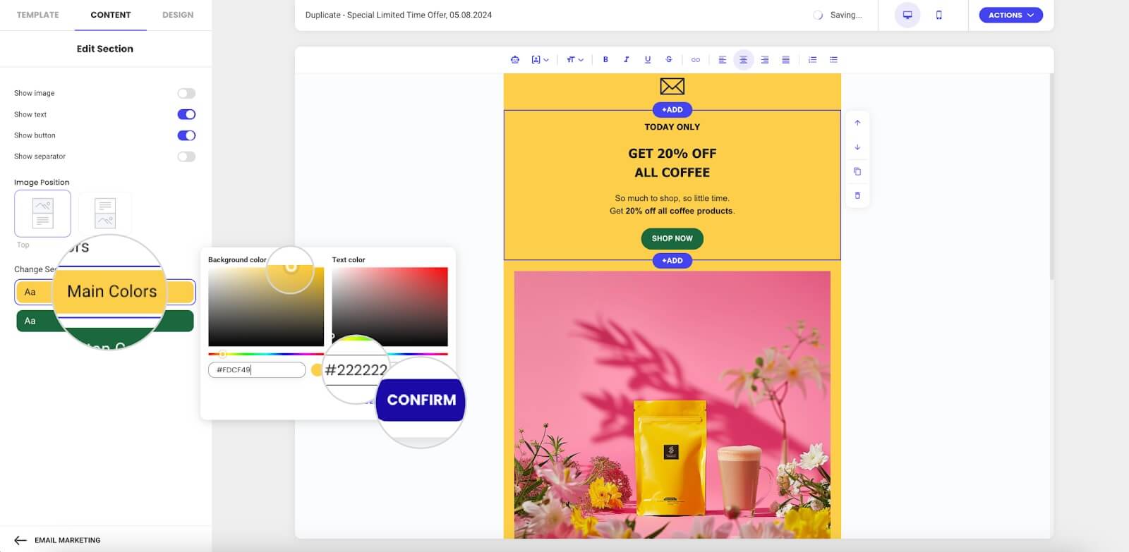 Changing the main colors of a section in Email Marketing