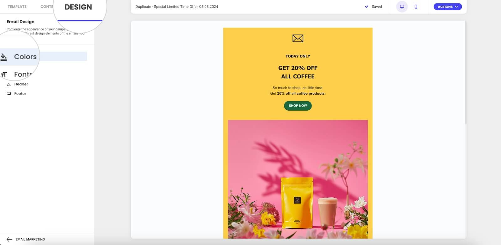 Colors section in SiteGround Email Marketing