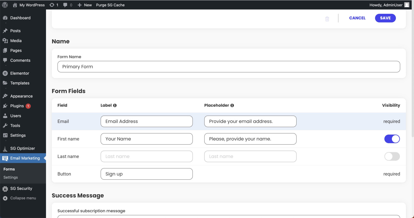 How to change the labels and text for the form fields in the Email Marketing plugin