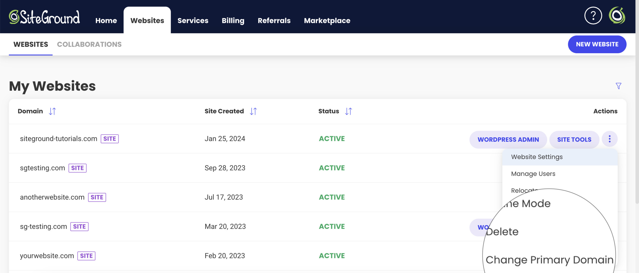 SiteGround Client Area Change Primary Domain Option