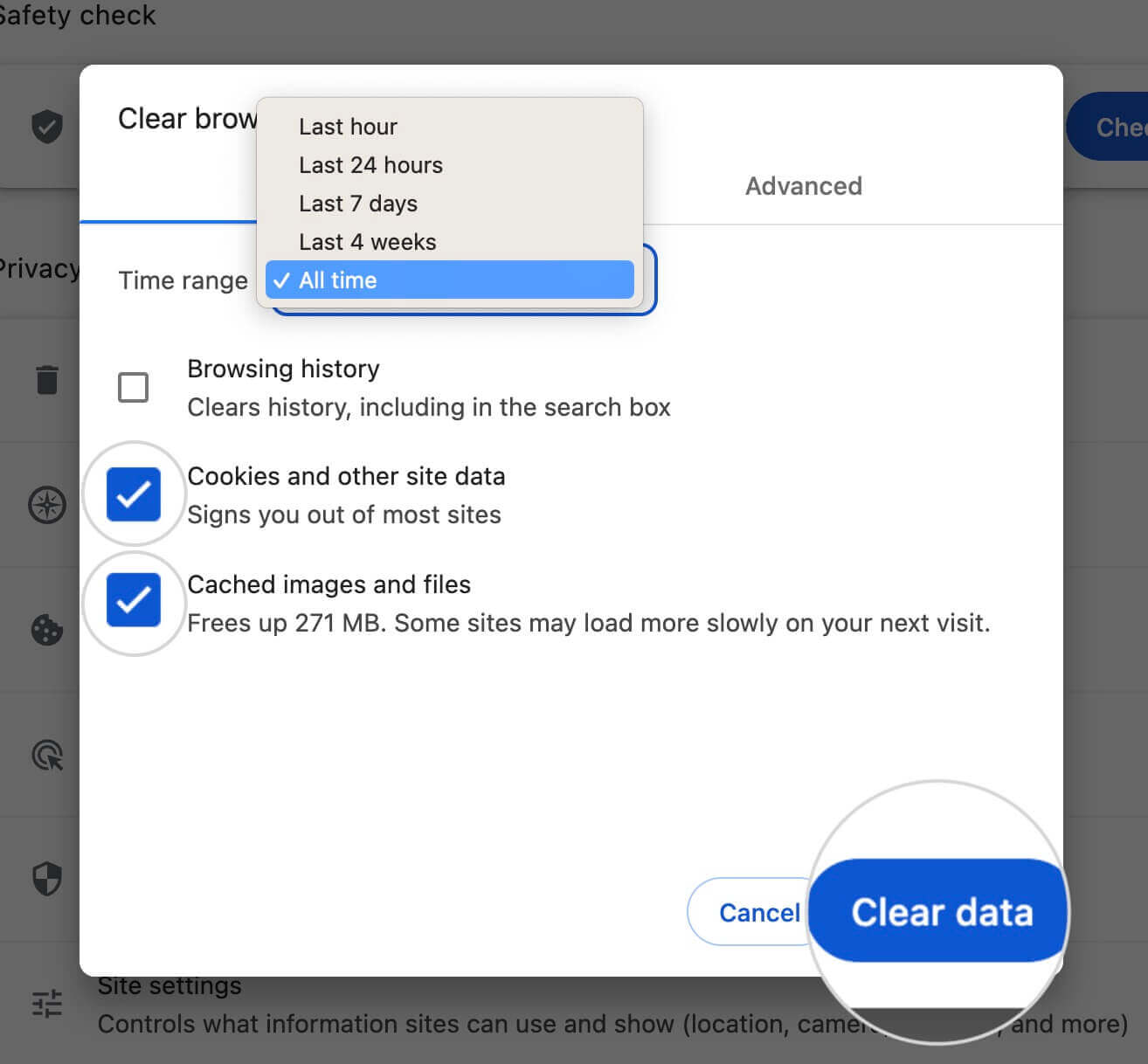 Options for clearing the browsing data in Chrome