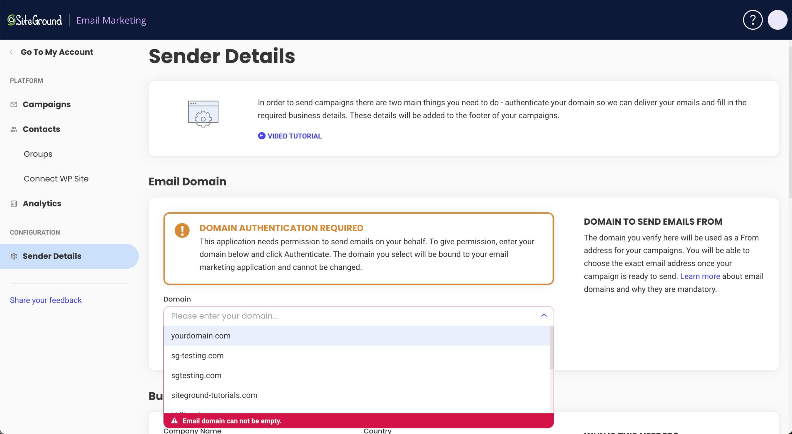 A drop-down menu for selecting the sender domain in SiteGround Email Marketing