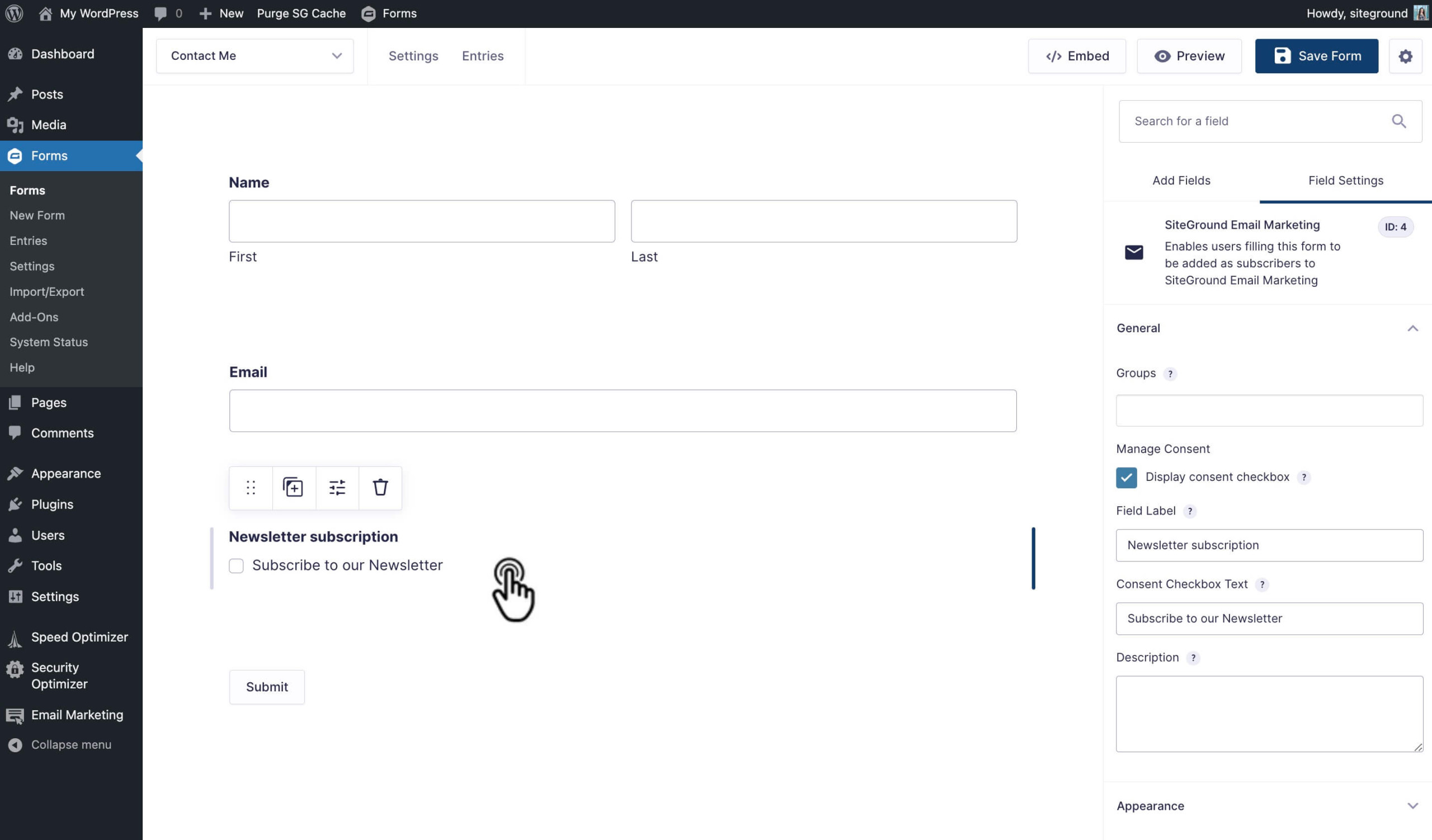 Image capturing the step to load field settings by clicking the newsletter checkbox in Gravity Forms