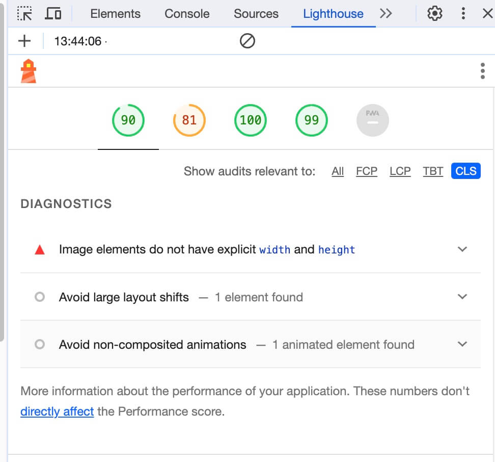 Screenshot showing a CLS test result with Google Lighthouse