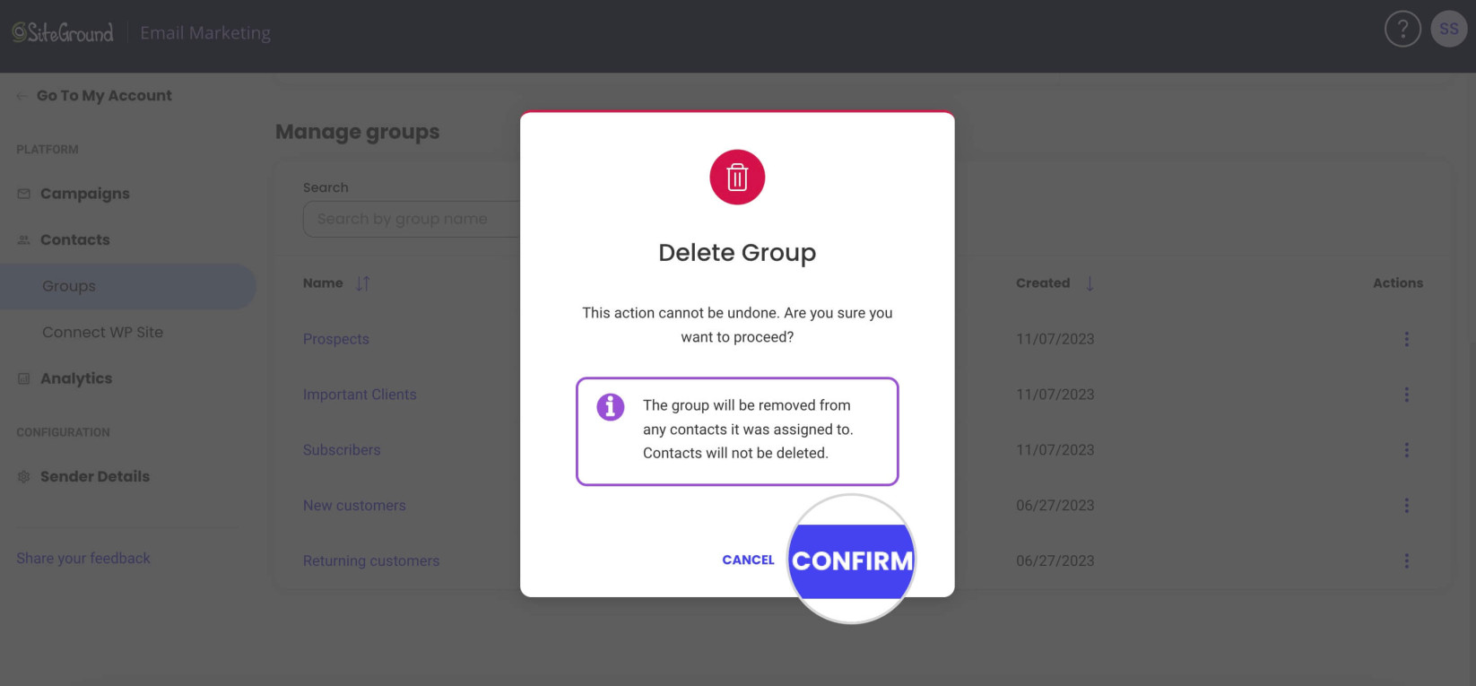 How to confirm the deletion of a group