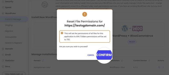 Screenshot showing the Reset Permission confirmation pop-up