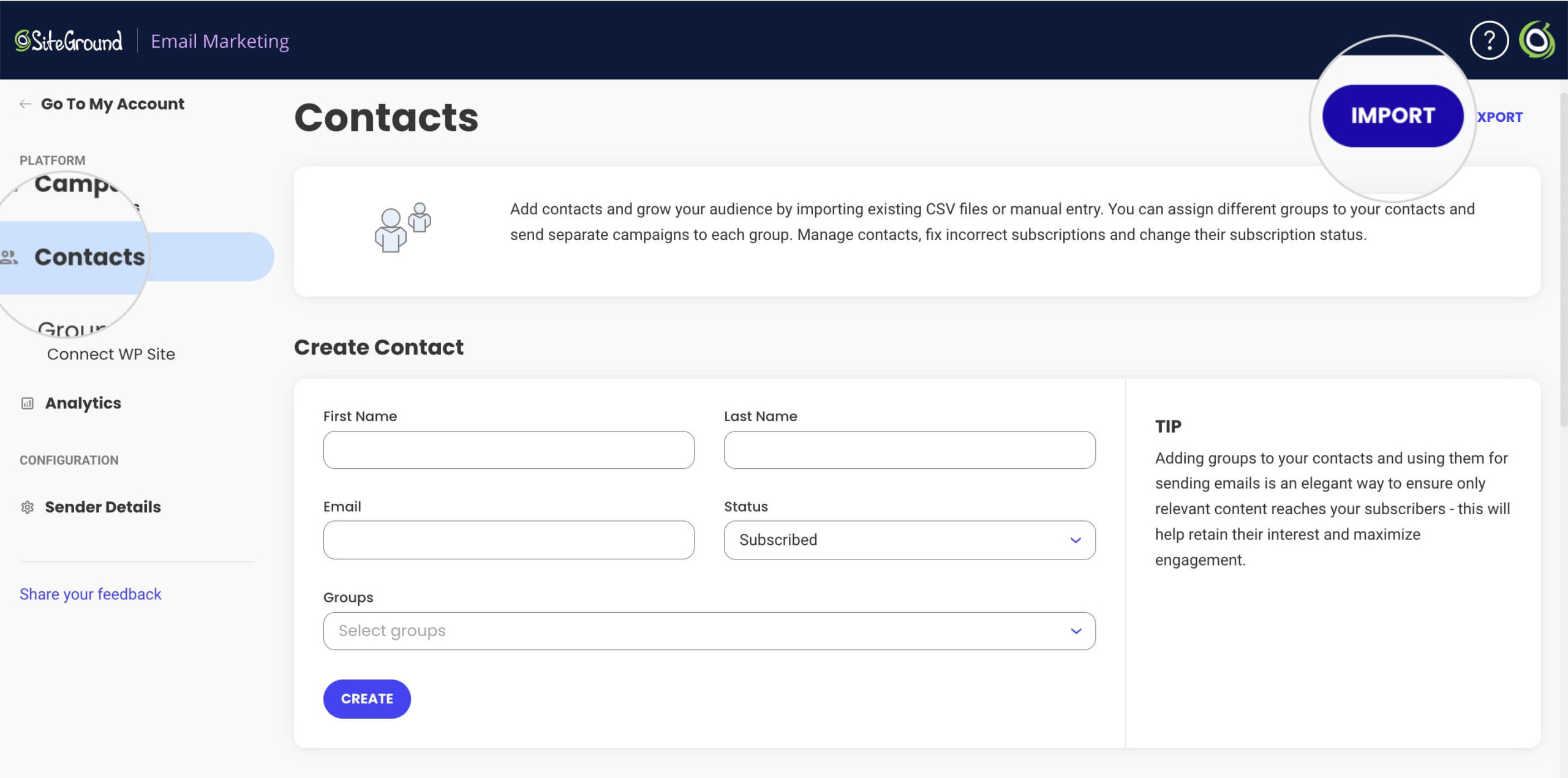 Import function in the Contacts section in SiteGround Email Marketing