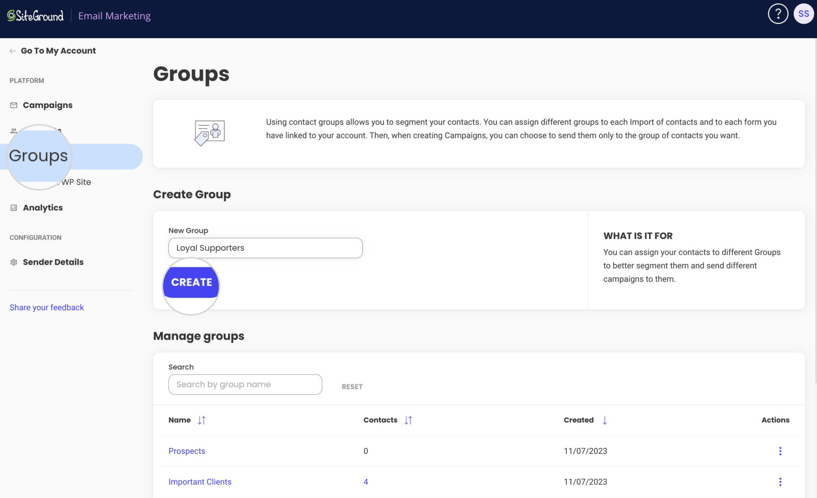 How to create new groups in SiteGround Email Marketing