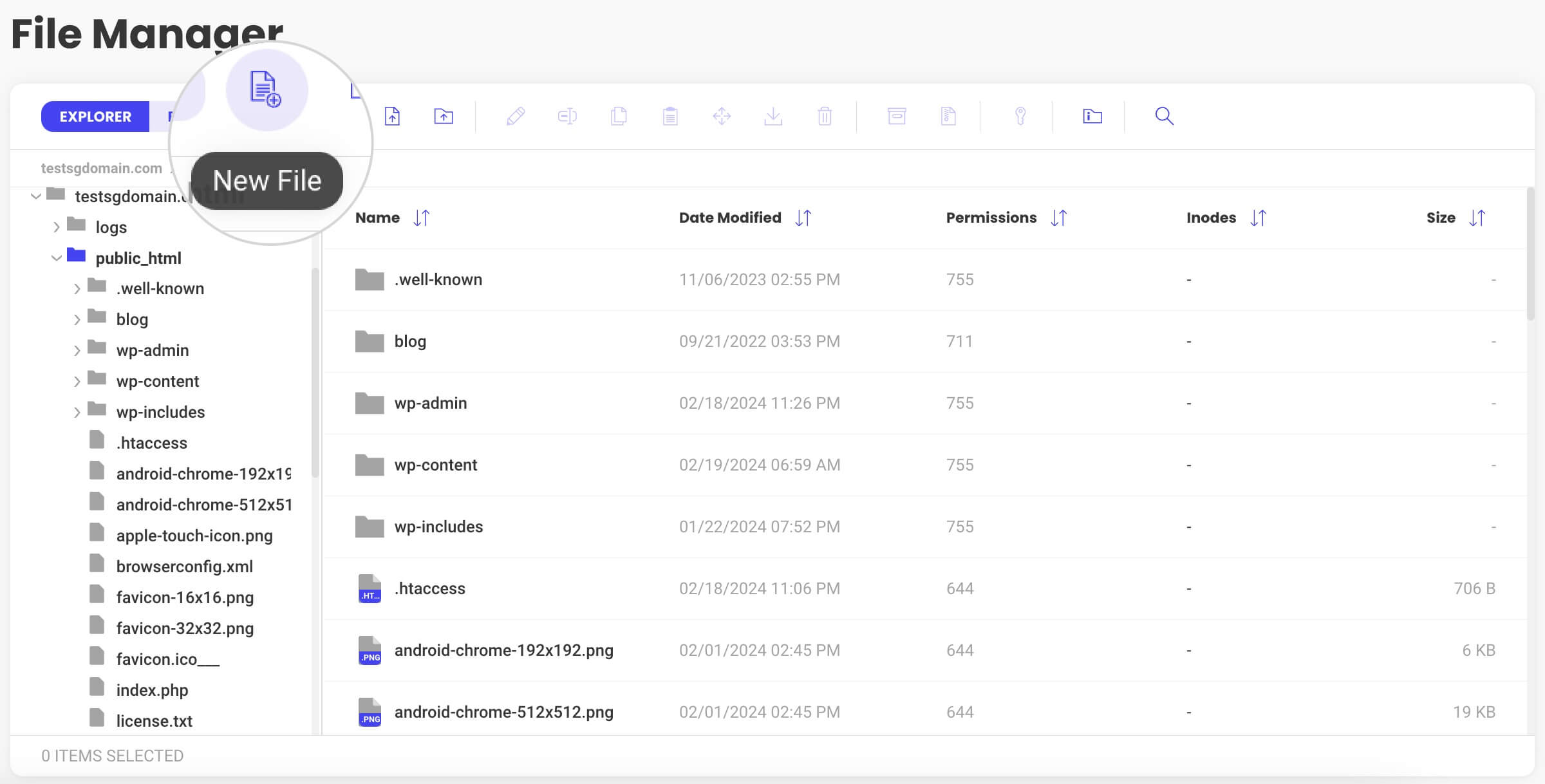 Creating a new robots.txt file in the WordPress hosting file manager interface.