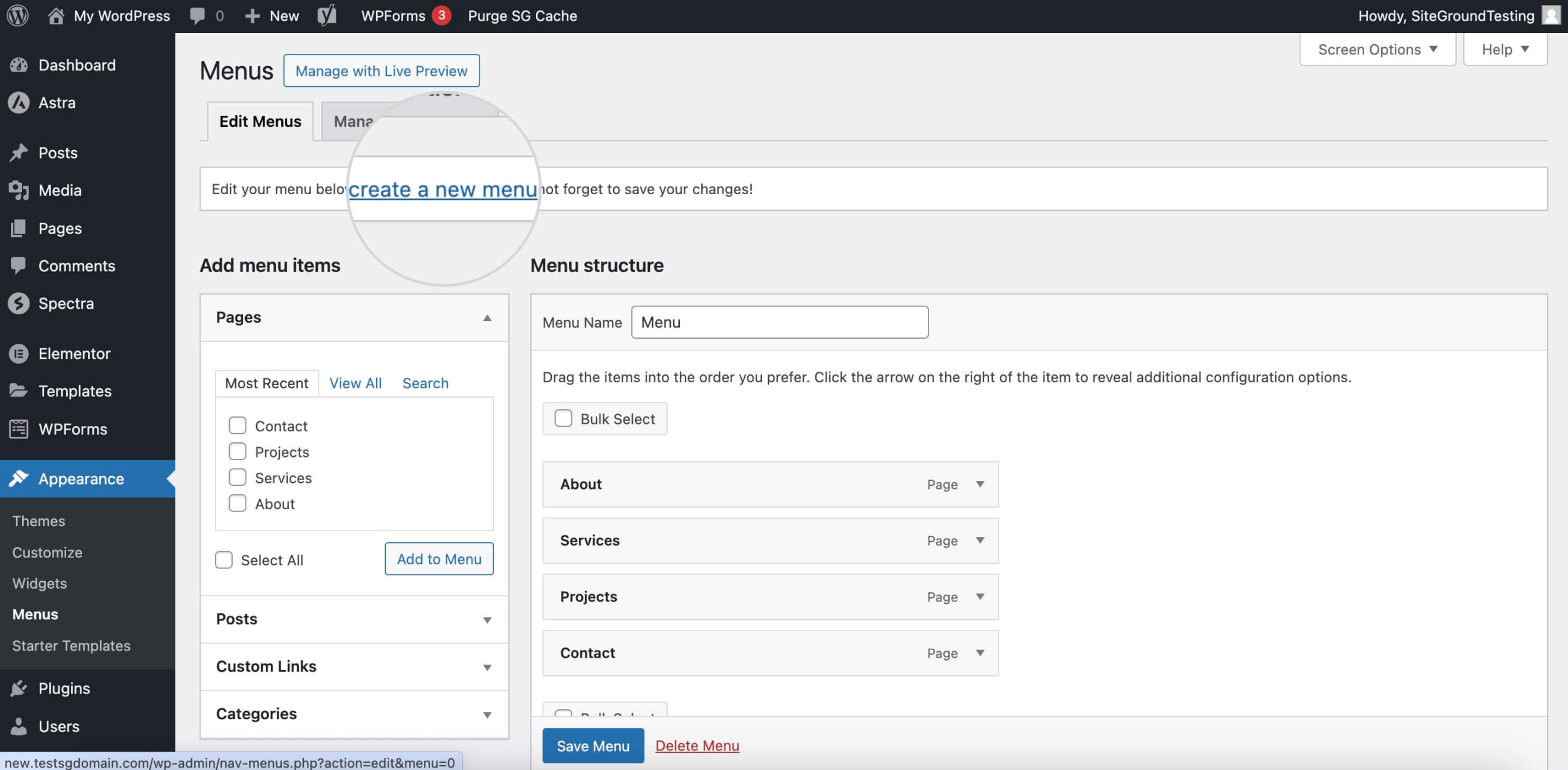 Screenshot displaying the "Create Menu" button in WordPress