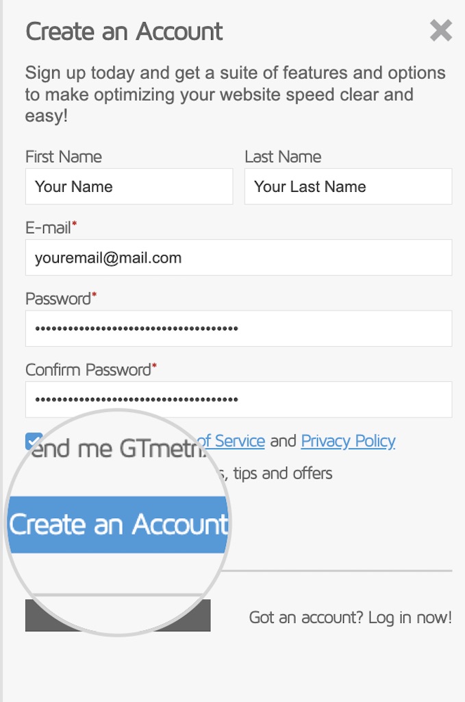 Screenshot displaying the registration form for GTmetrix 