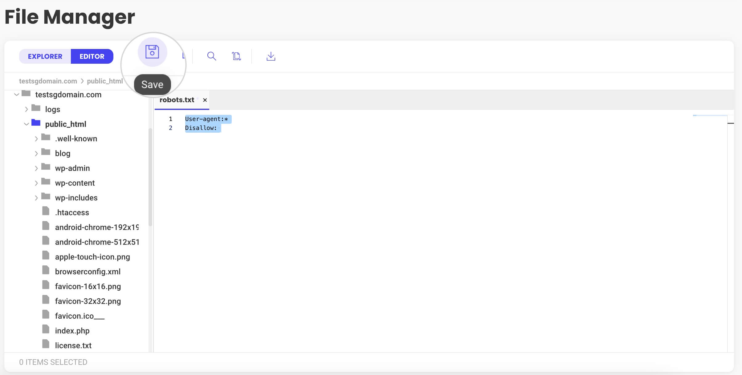 Pasting updated robots.txt rules into the file editor and saving.