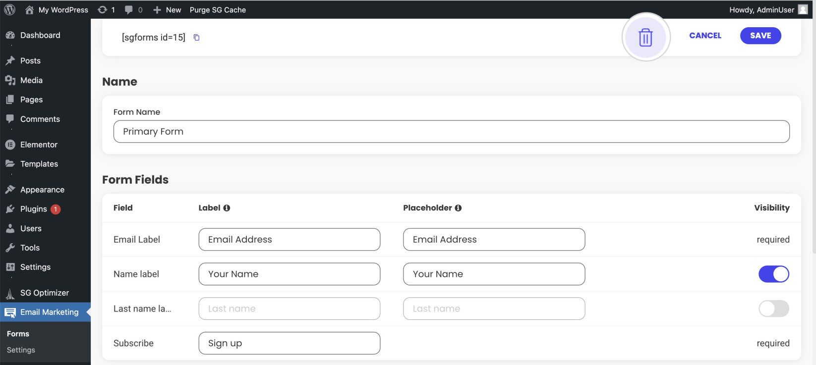 How to delete a form from the editor in the Email Marketing plugin