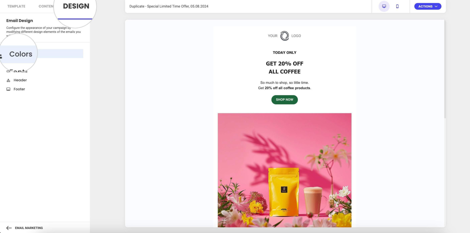 Colors options in the Design section of Email Marketing