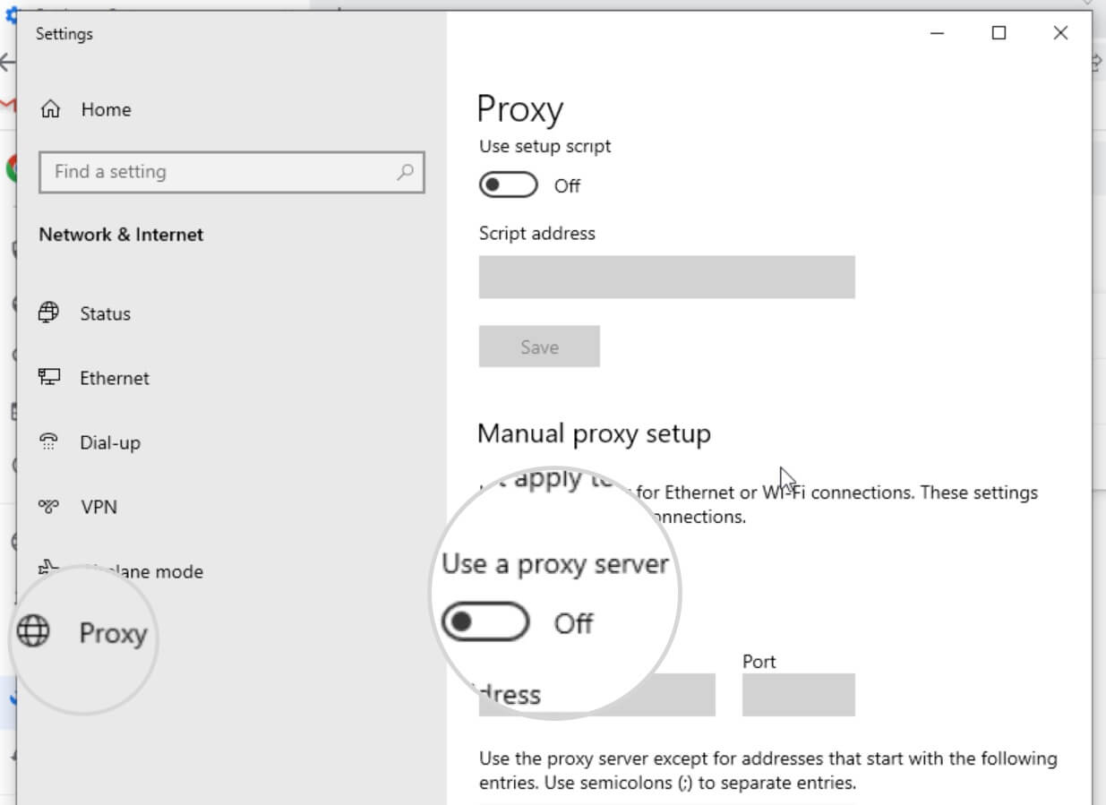 Proxy options in the Network & Internet options on Windows