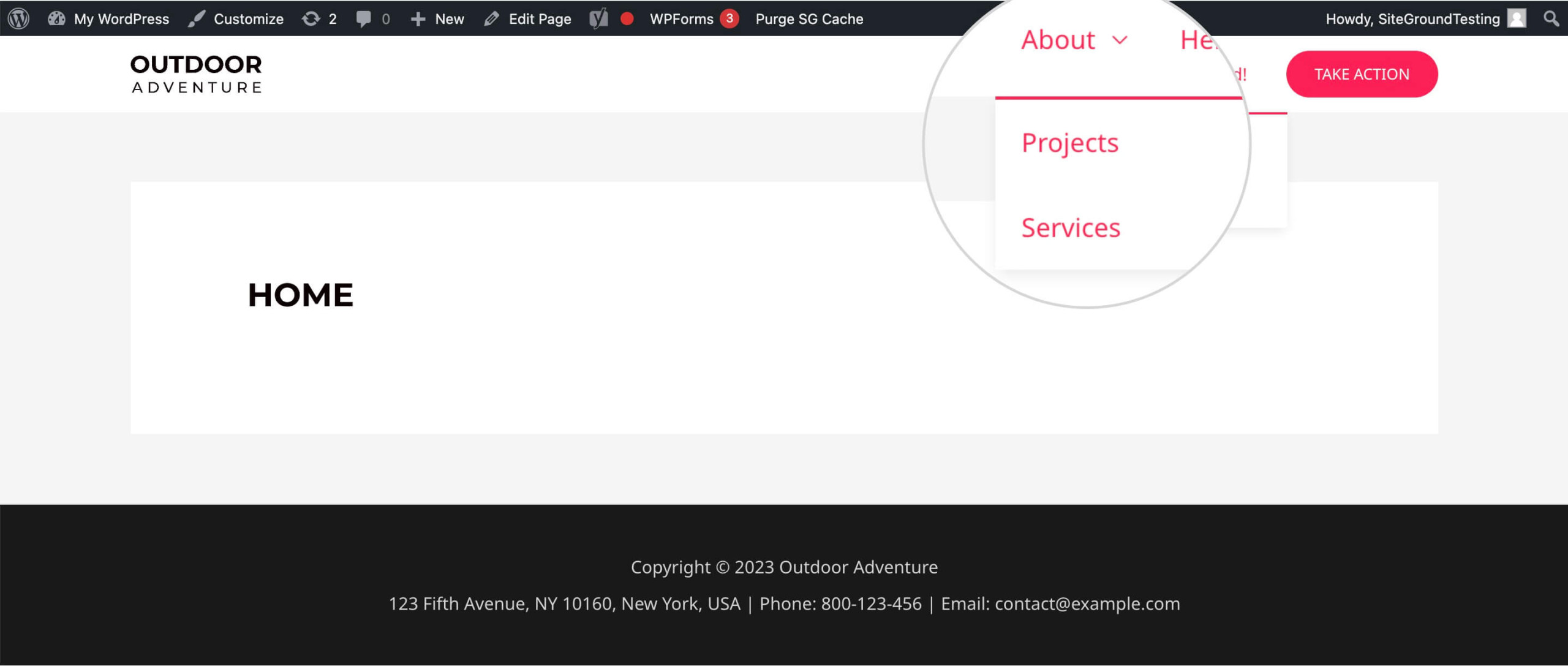 Screenshot showing an example WordPress Dropdown menu in the frontend