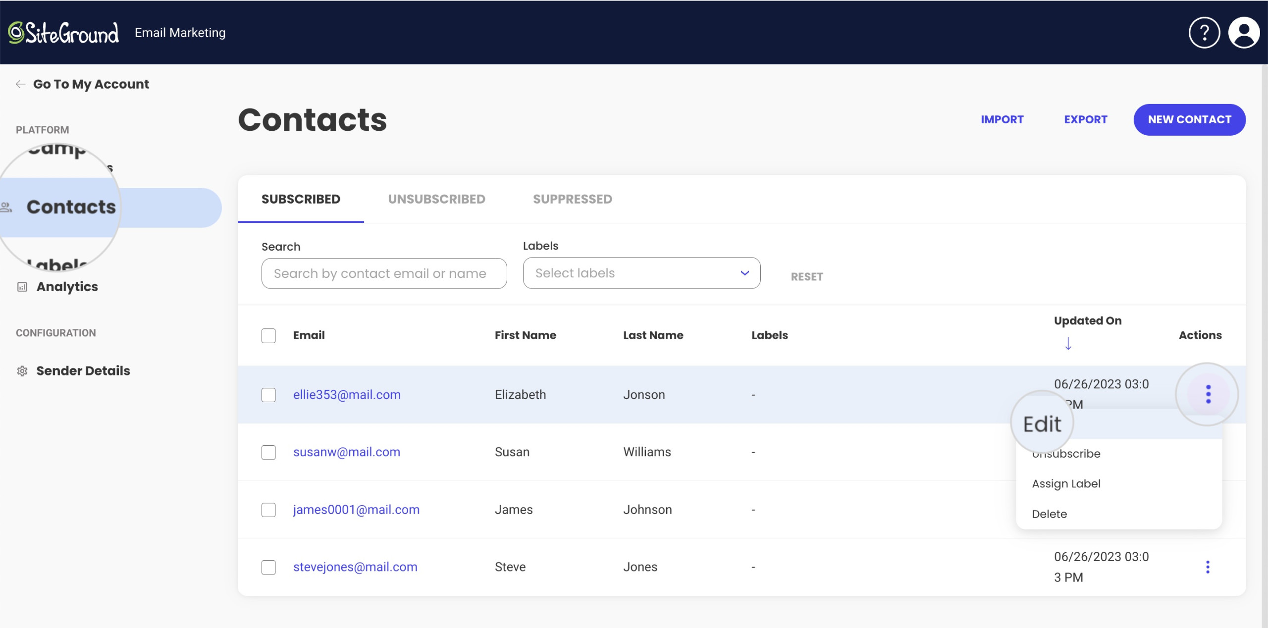 How to access the contact details from the Edit option