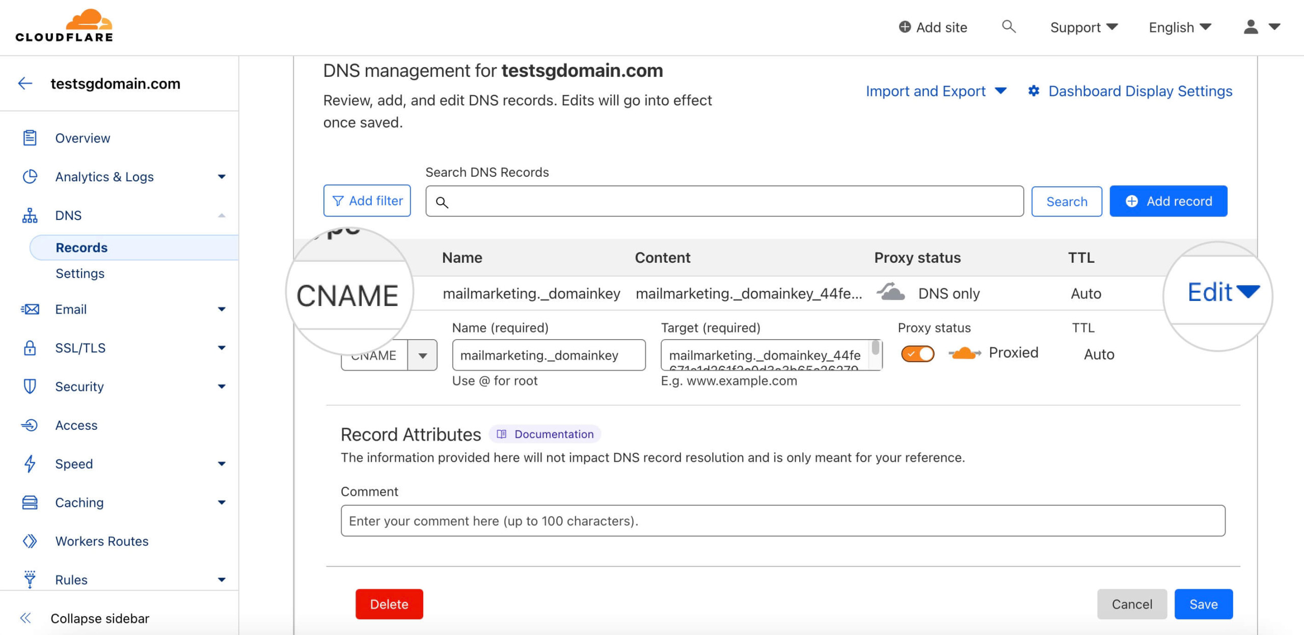 Screenshot showing you how to Edit the CNAME record with active DNS proxy in Cloudflare