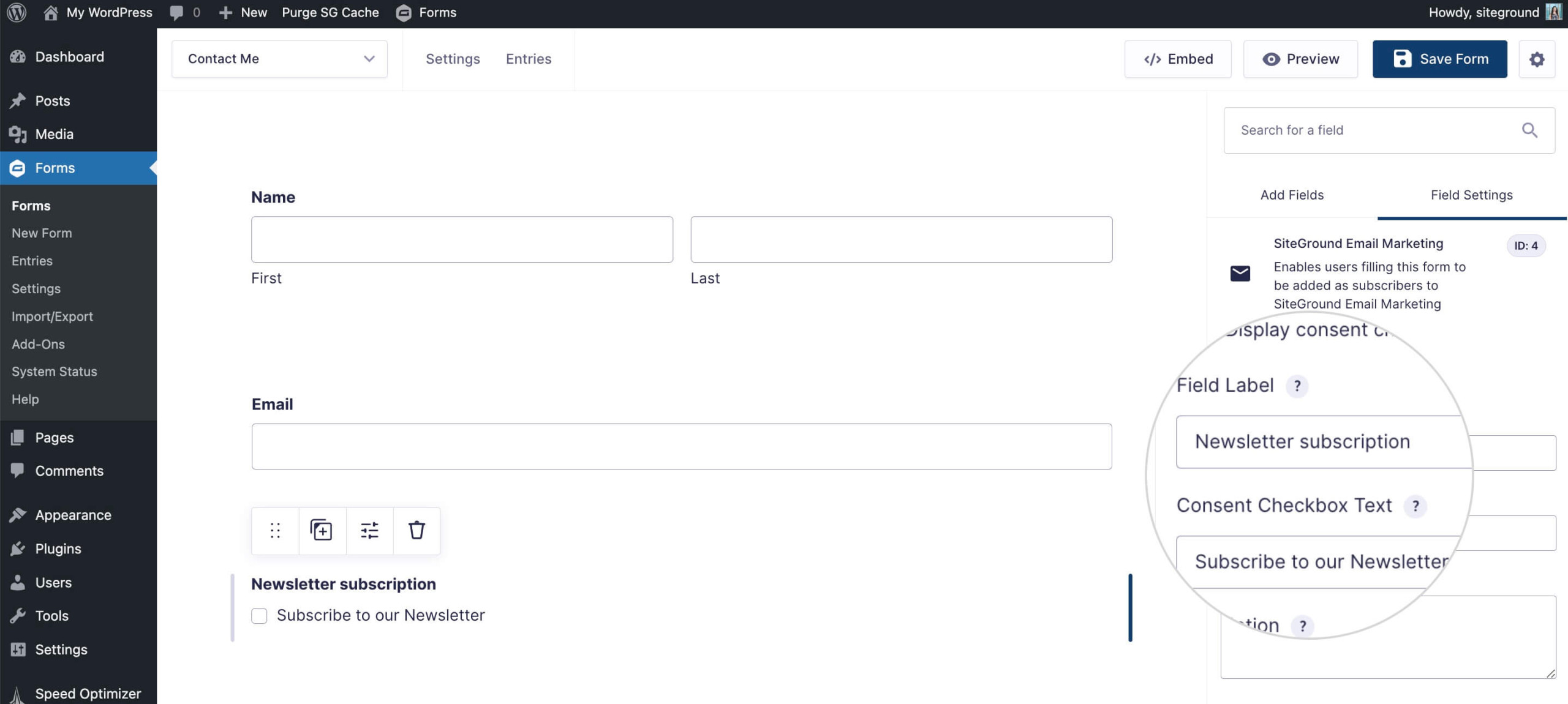 Screenshot depicting the editing interface for the consent checkbox text and title in Gravity Forms.