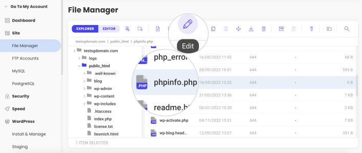 Screenshot picturing how to edit the phpinfo.php file