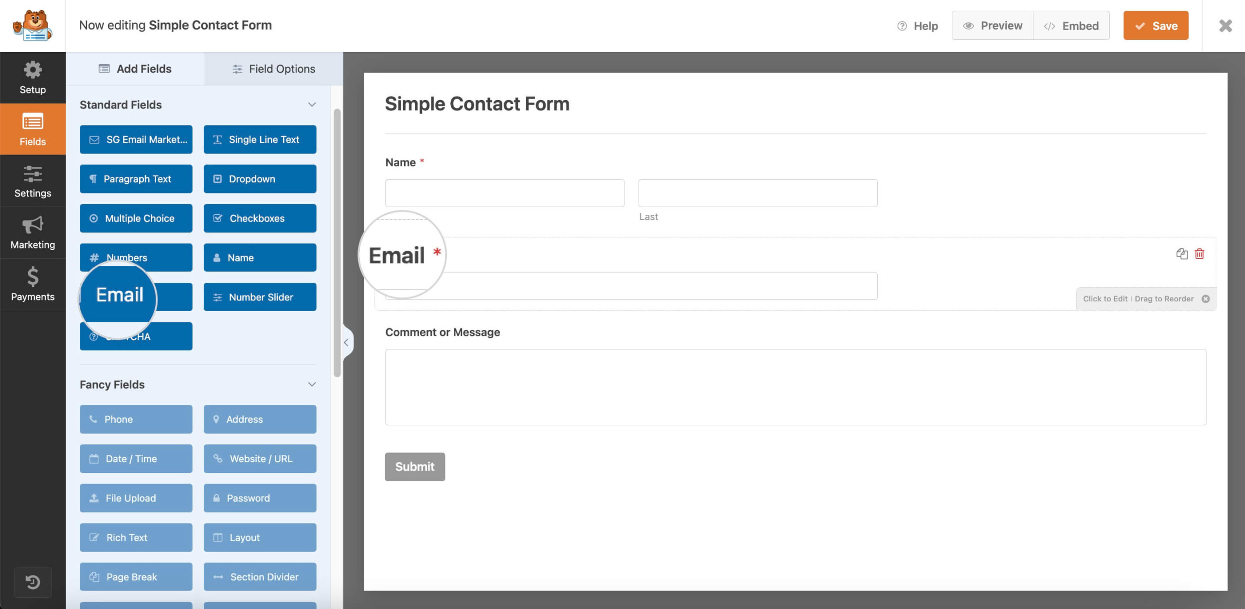 WPForms Email Field Predefined for Data Collection by SG Email Marketing