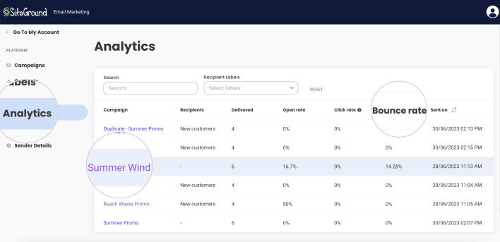 Screenshot of the Analytics page of SiteGround Email Marketing