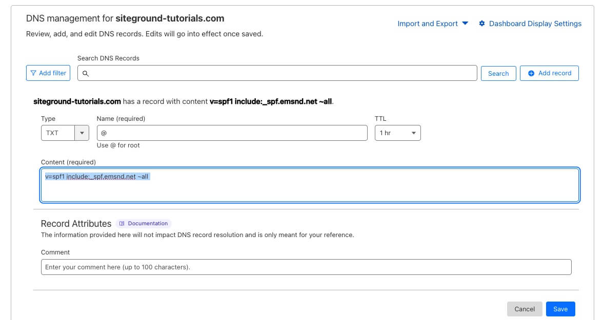 SiteGround Email Marketing's SPF in an external DNS zone editor