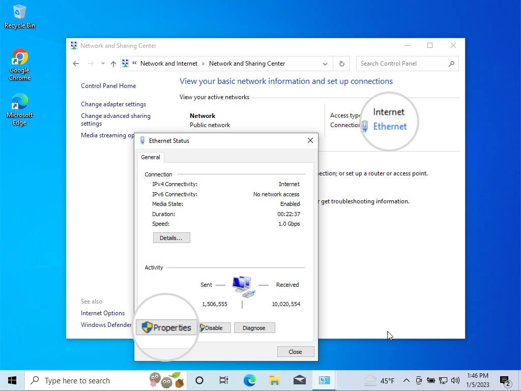 Network properties in Windows