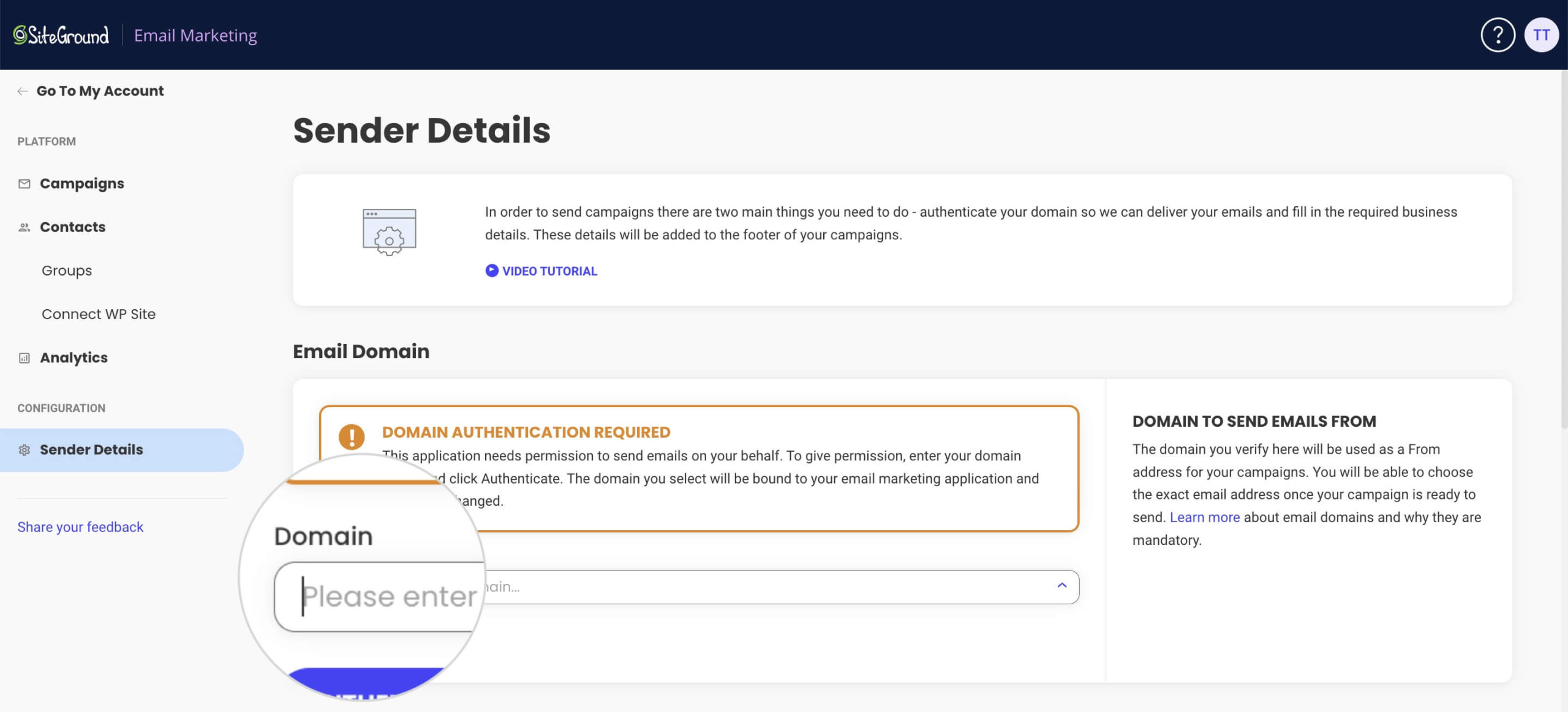 How to submit a sender domain in SiteGround Email Marketing