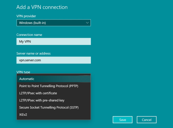 Screenshot adding VPN service details in Windows OS