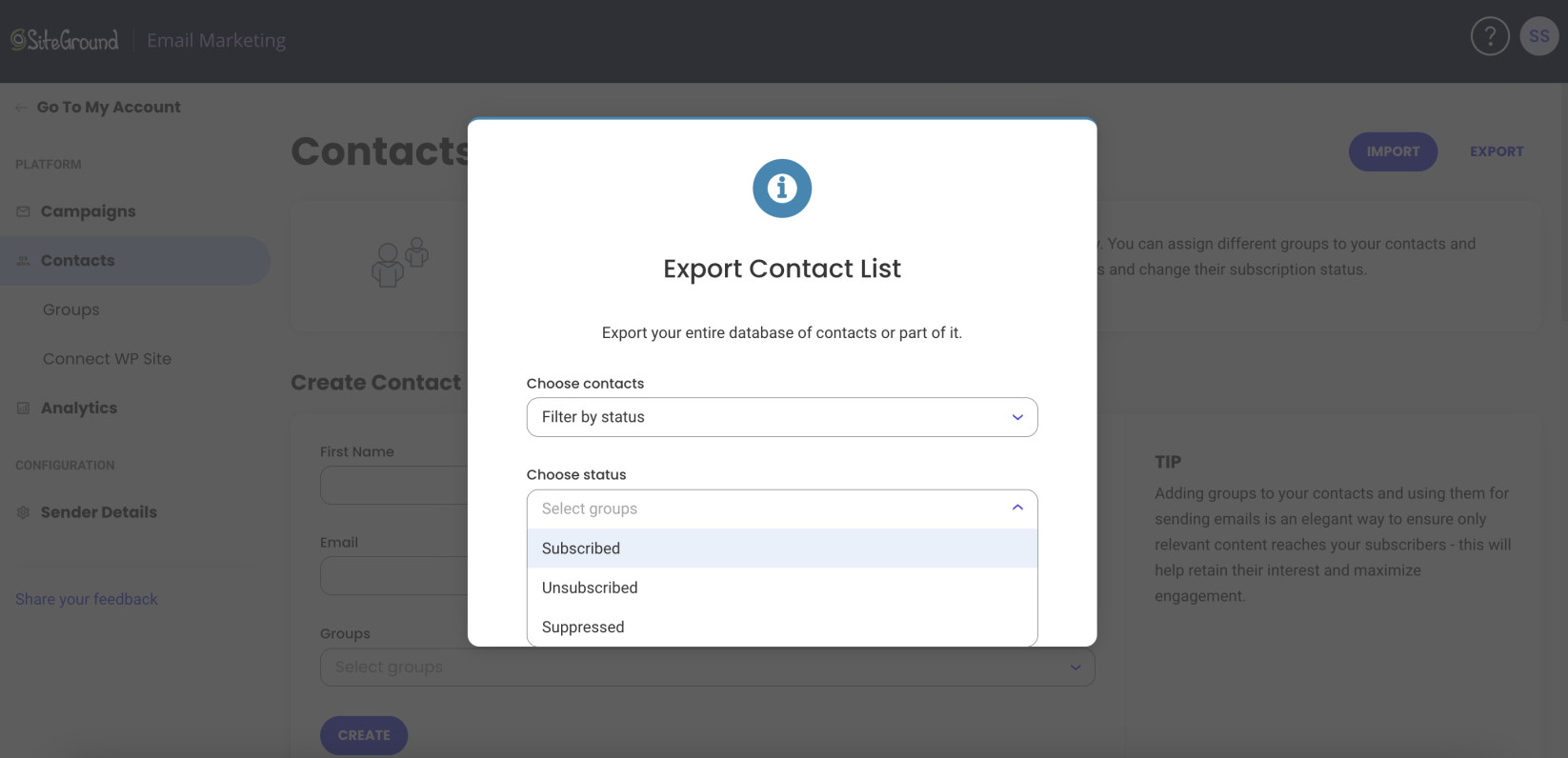 Screenshot of the status options in the dropdown menu of the export pop-up