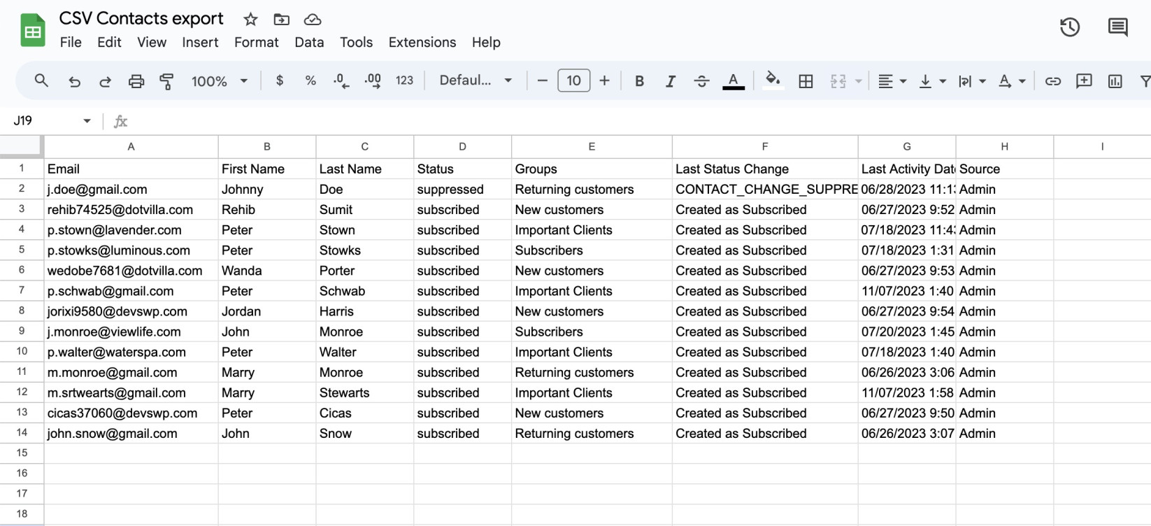 Screenshot of an exported CSV contacts file filtered by group