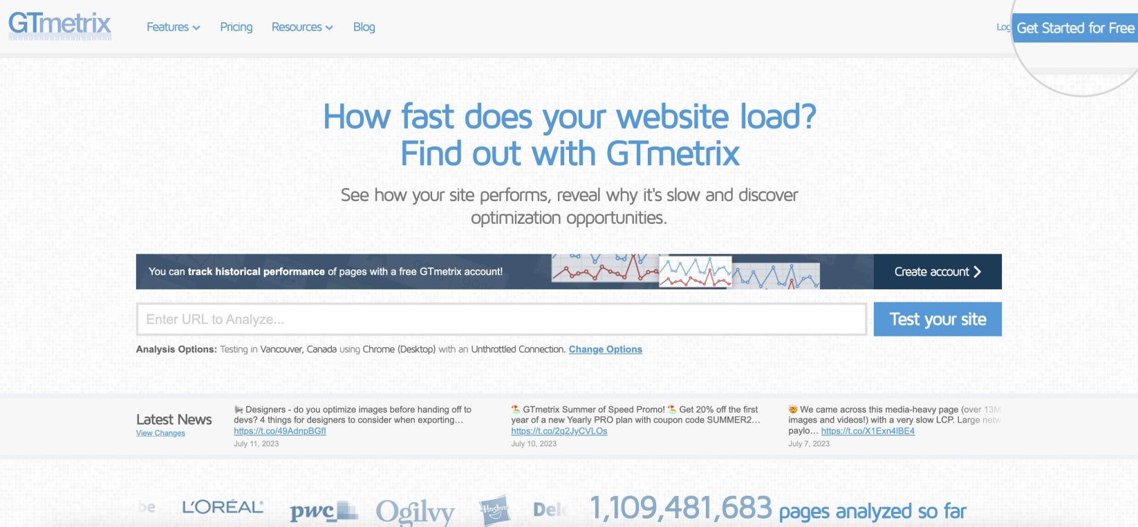 Screenshot showing the Get Started button in GTmetrix and create your account