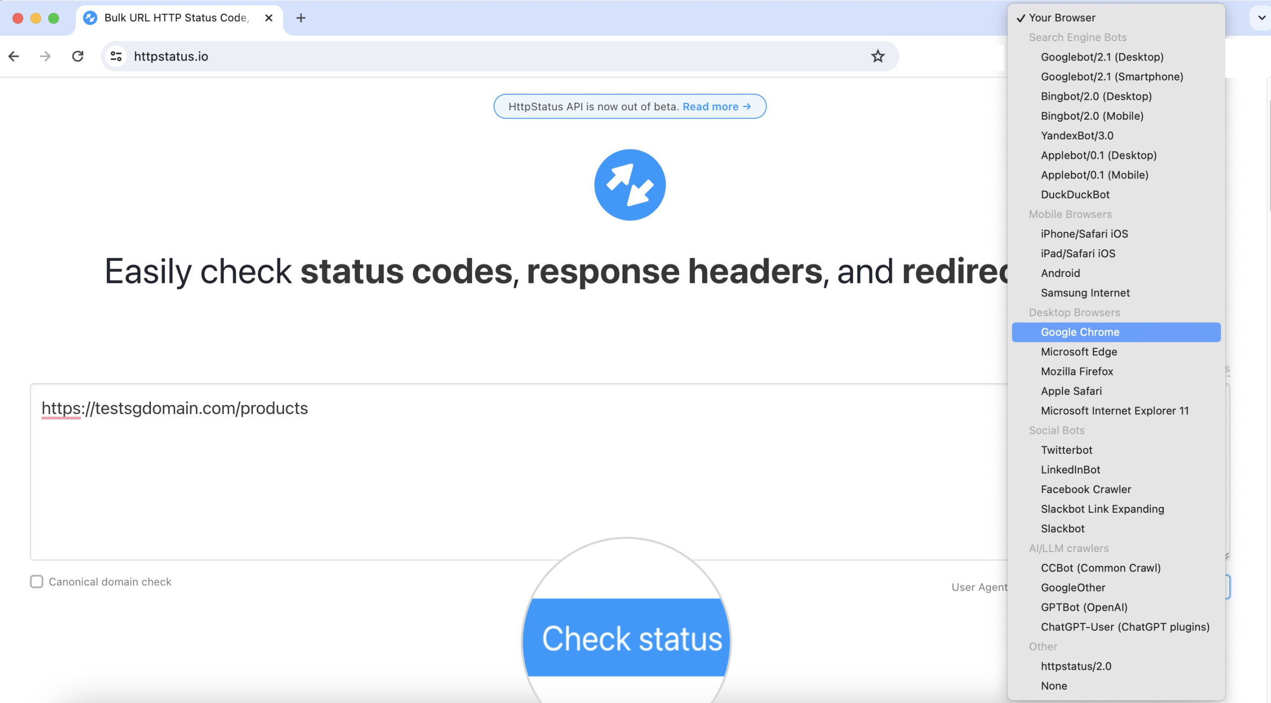 Illustration of an HTTP Status Code Checker tool in action, displaying the response codes for entered URLs.