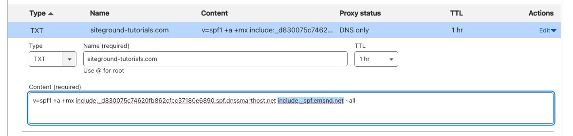 How to add the include directive for SiteGround Email Marketing in an existing SPF record