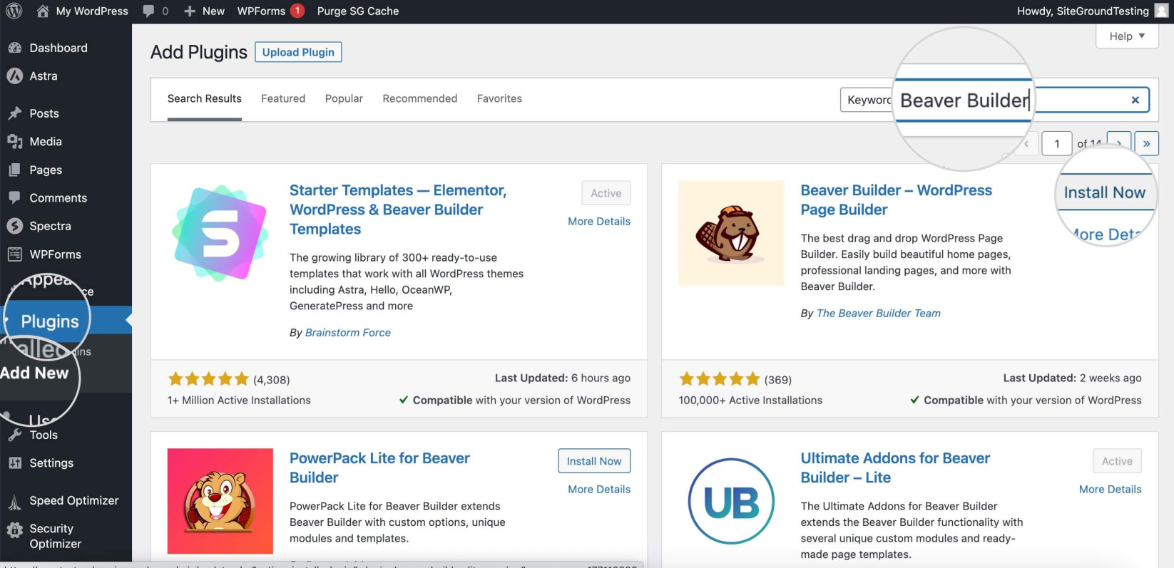 Screenshot showing how to install Beaver Builder to change your WordPress Homepage